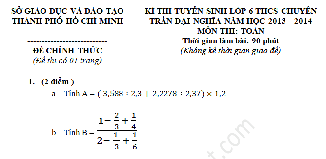 Đáp án đề thi toán vào lớp 6 Trần Đại Nghĩa TP.HCM 2013 - 2014