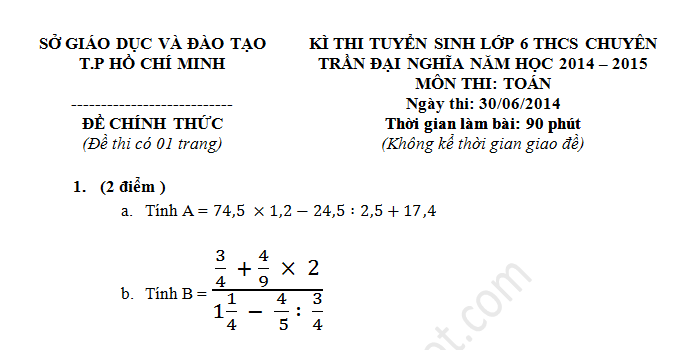 Đáp án đề thi toán vào lớp 6 Trần Đại Nghĩa TP.HCM 2014 - 2015