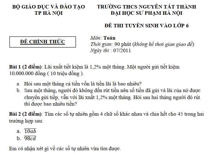 Đáp án đề thi vào lớp 6 Nguyễn Tất Thành Hà Nội năm học 2011-2012