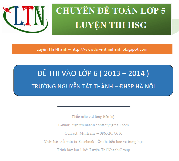 Đáp án Đề thi Toán vào lớp 6 trường Nguyễn Tất Thành năm 2013 - 2014