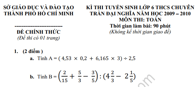 Giải Đề thi vào lớp 6 Trần Đại Nghĩa 2009 2010