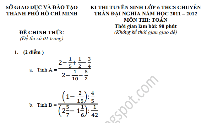 Đáp án đề thi vào lớp 6 Trần Đại Nghĩa TP.HCM 2011 - 2012