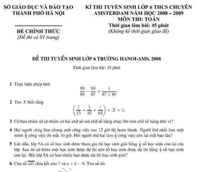 dap an de thi vao lop 6 amsterdam 2008 - 2009
