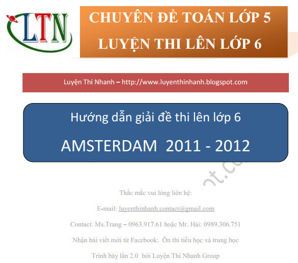 Đáp án đề thi toán vào lớp 6 trường Amsterdam Hà Nội năm 2011 - 2012