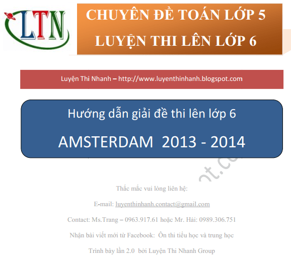 Đáp án Đề thi vào lớp 6 trường Amsterdam Hà Nội 2013 - 2014