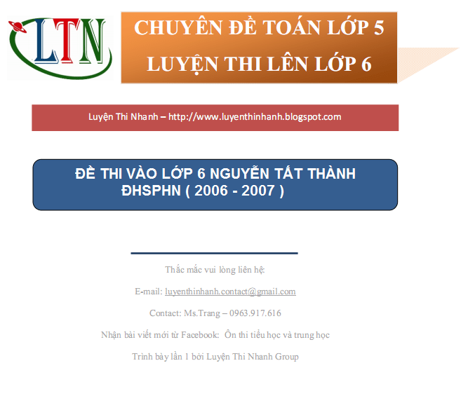 Giải đề thi vào lớp 6 trường Nguyễn Tất Thành 2006 2007