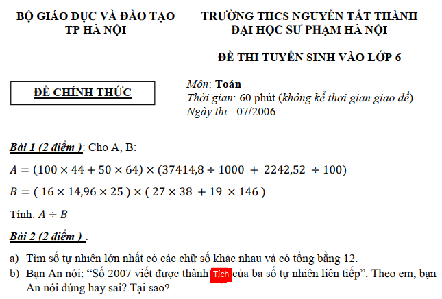 Giải đề thi vào lớp 6 trường Nguyễn Tất Thành 2006 2007