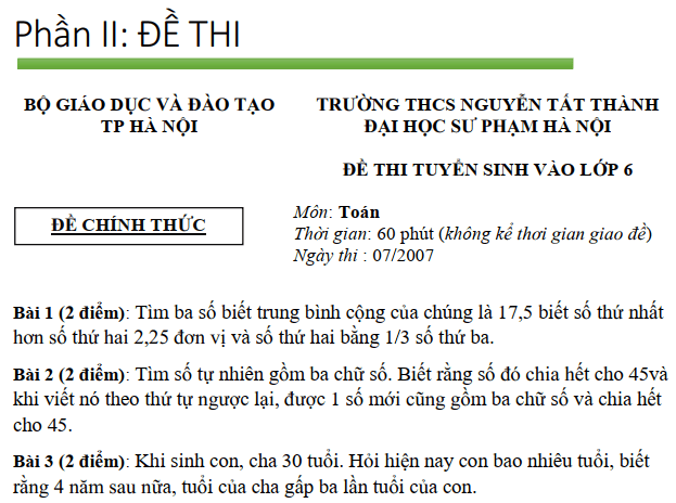 Giải đề thi vào lớp 6 trường Nguyễn Tất Thành 2007 2008