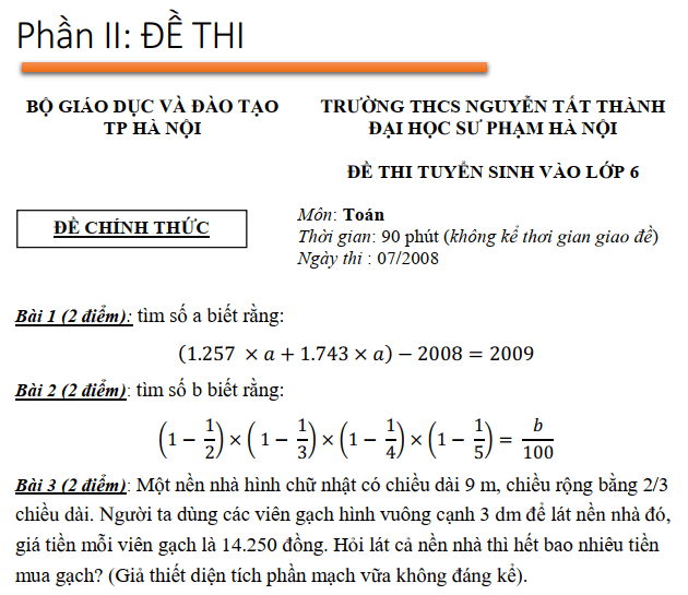 Giải đề thi vào lớp 6 trường Nguyễn Tất Thành 2008 2009