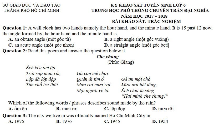 Giải đề thi trắc nghiệm vào lớp 6 Trần Đại Nghĩa 2017 2018