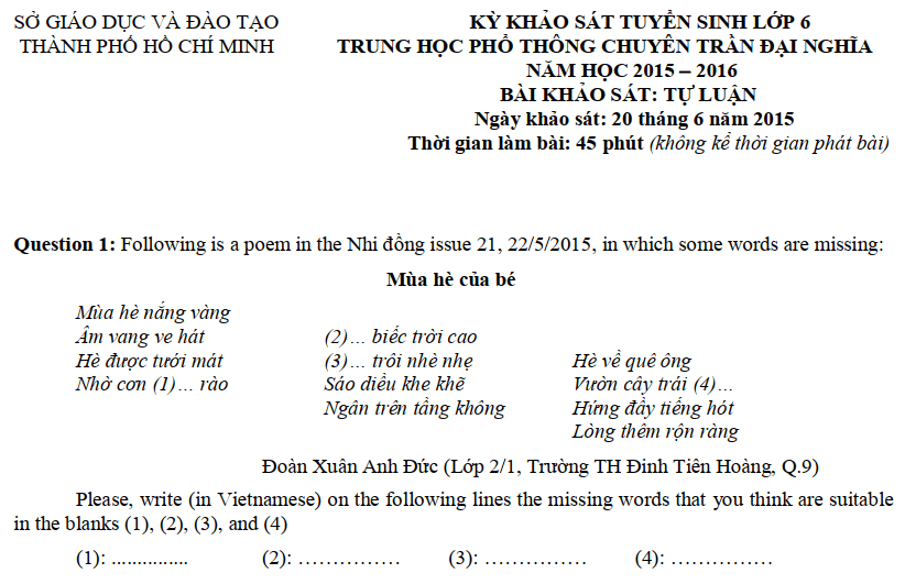 Giải đề thi khảo sát tự luận vào lớp 6 Trần Đại Nghĩa 2015 2016