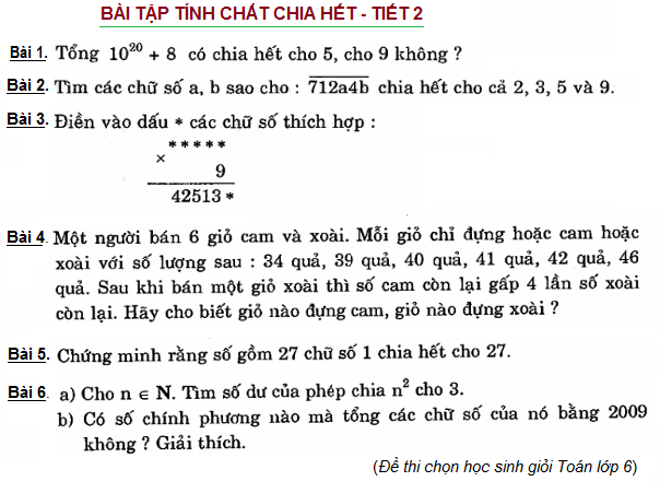 Bài tập dấu hiệu chia hết toán 6 nâng cao