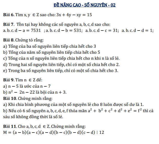 Bài tập số nguyên toán 6 nâng cao tiết 3