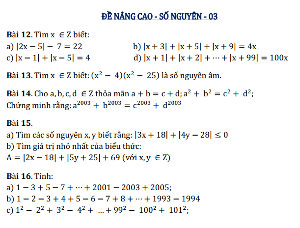 Bài tập số nguyên toán 6 nâng cao tiết 4