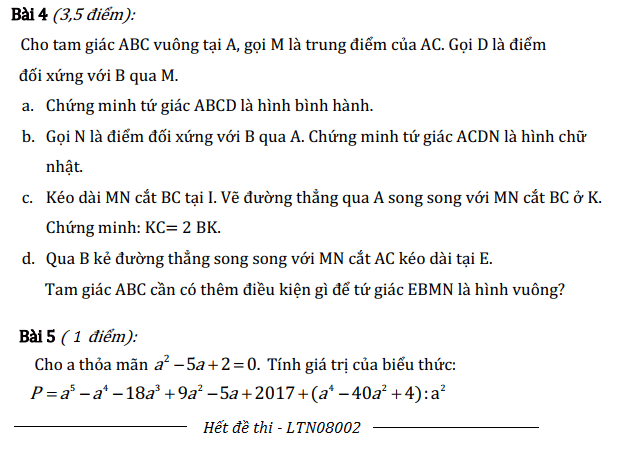 Đề thi toán lớp 8 học kì 2 có đáp án - LTN08002