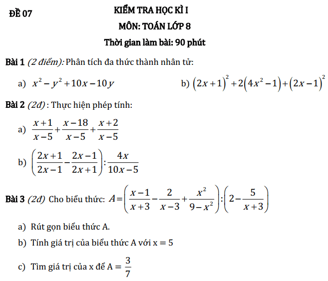 Đề thi kết thúc học kỳ I toán lớp 8 có đáp án