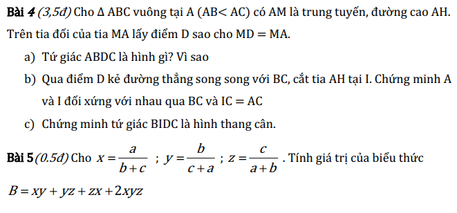 Đề thi kết thúc học kỳ I toán lớp 8 có đáp án