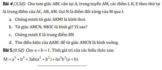 Đề thi học kì 1 lớp 8 môn Toán có đáp án