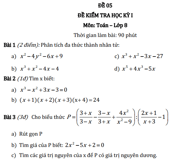 Đề thi toán lớp 8 cuối kỳ có đáp án