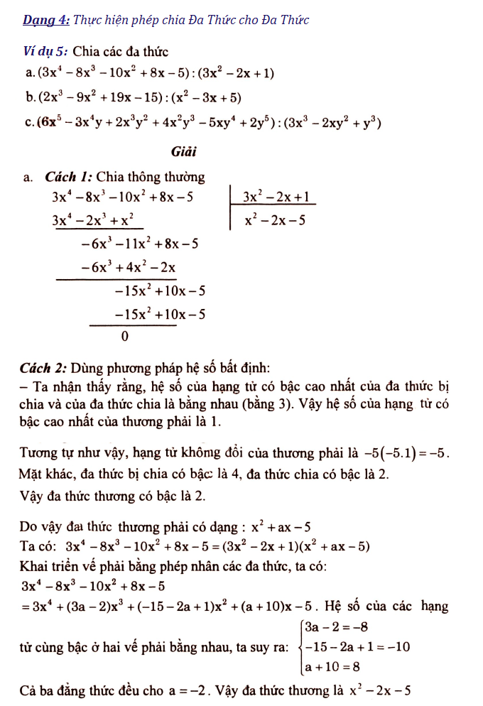 Chia đa thức toán lớp 8