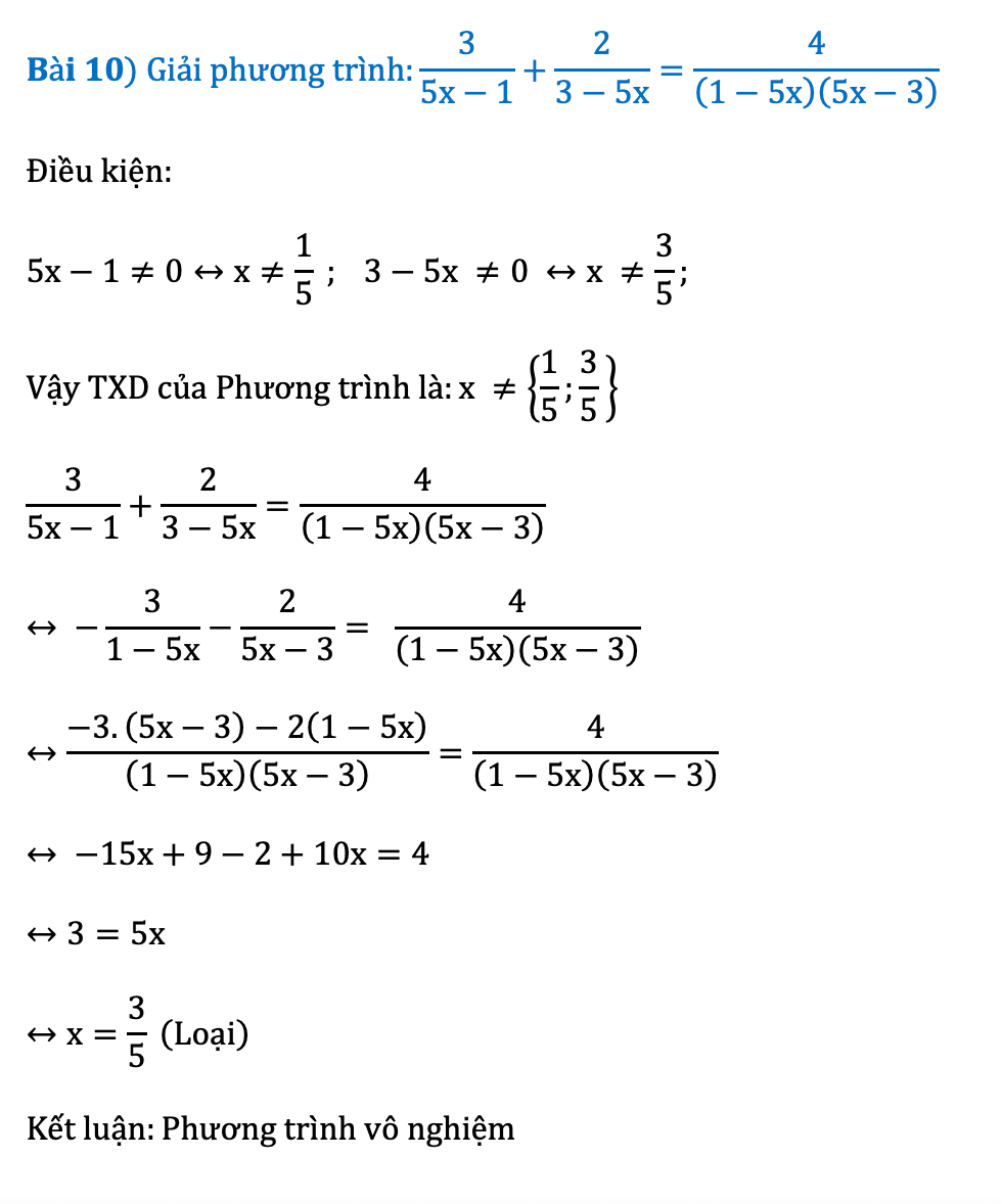 Dạng toán giải phương trình chứa ẩn ở mẫu số lớp 8 nâng cao
